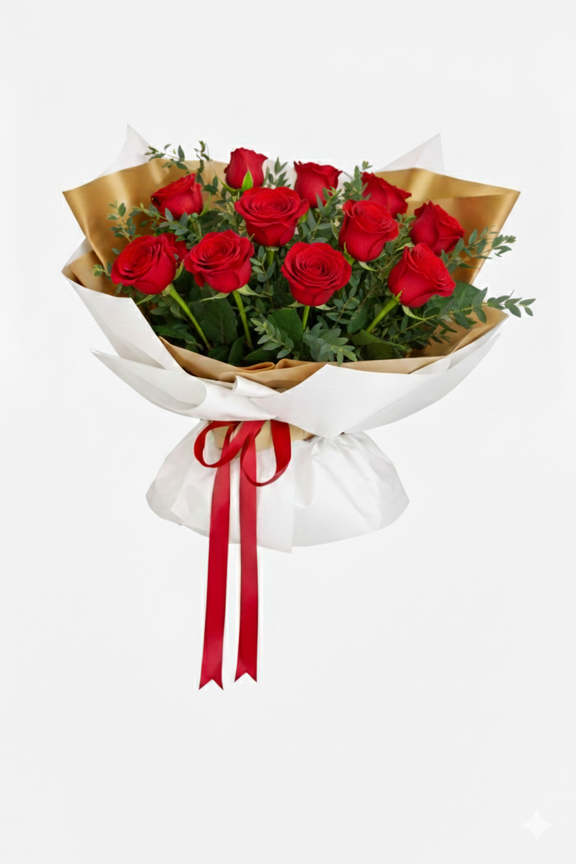 Bouquet of red roses wrapped in white paper with a red ribbon on a white background