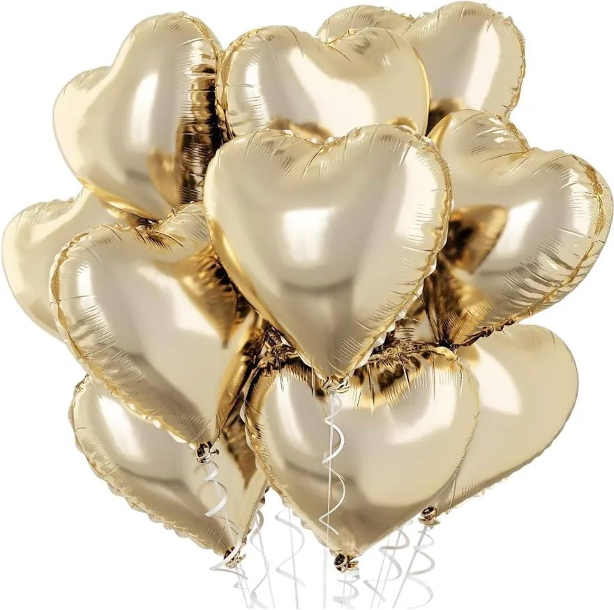 Gold heart-shaped balloons on a white background