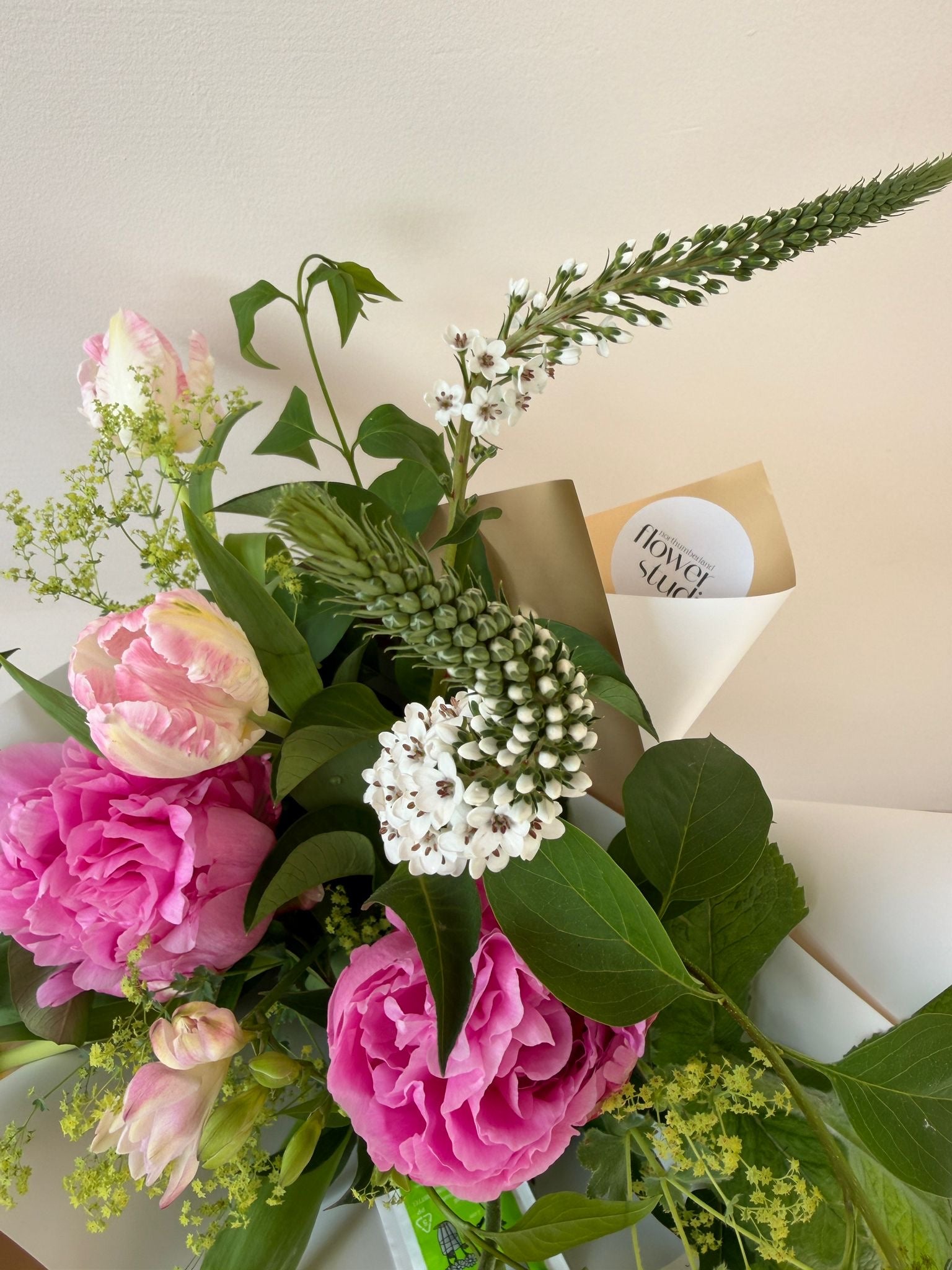 Bouquet of pink peonies and rulips with a gift card on a light background