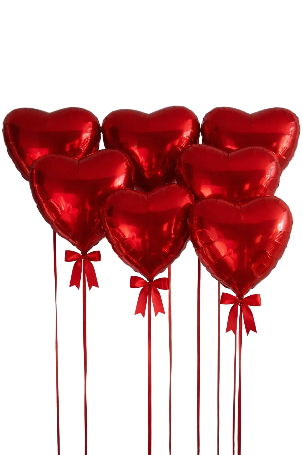 Red heart-shaped balloons with ribbons on a gray background