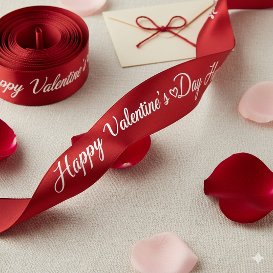 Red 'Happy Valentine's Day' ribbon with rose petals on a beige background